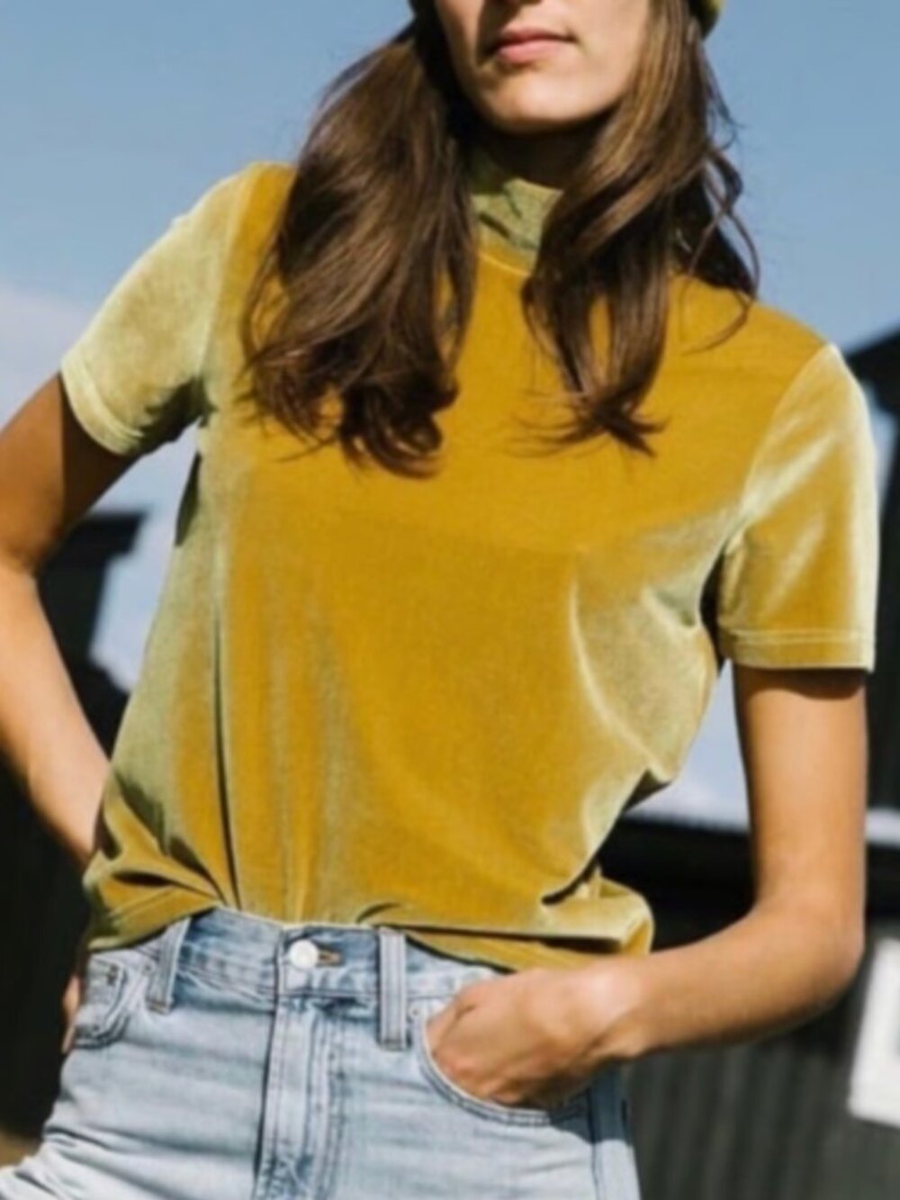 Madewell Gold Velvet Mock Neck Top Large Soft Luxe Minimalist Retro Chic